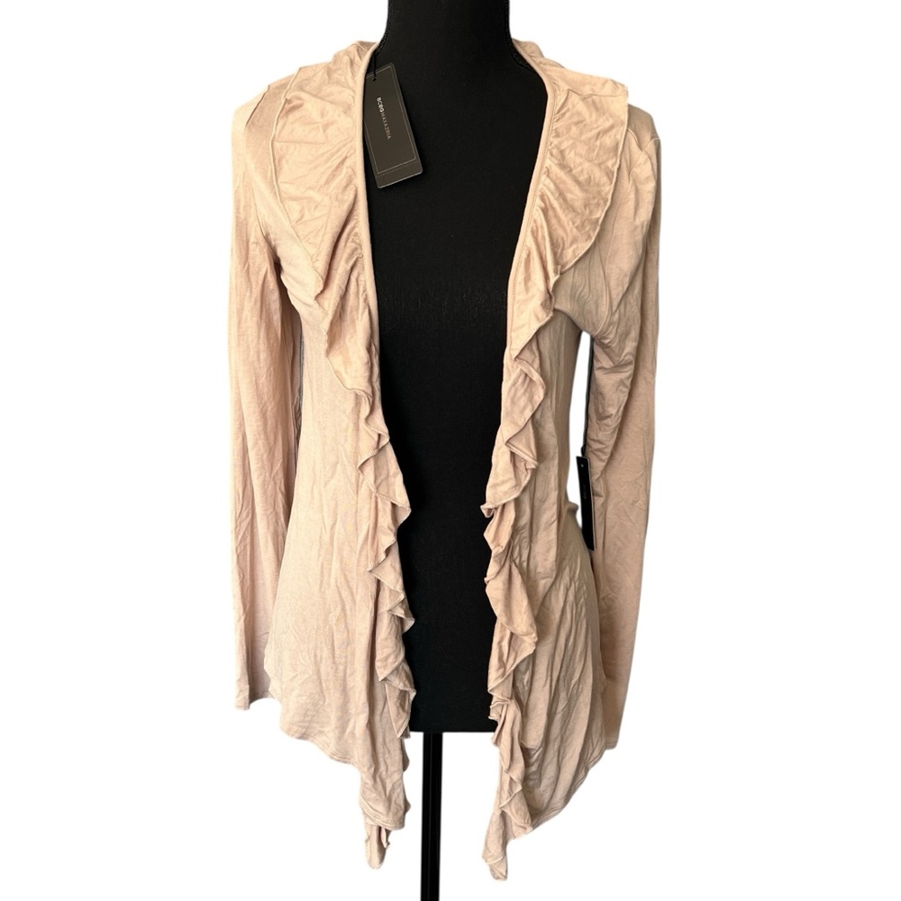 BCBGMAXAZRIA BCBG Tan Ruffle Open Front Lightweight Layering Cardigan Sz M NEW!